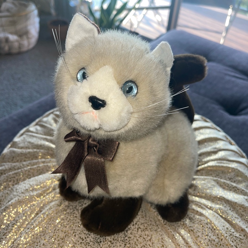 Vintage Siamese Cat Plush Toy with Brown Bow